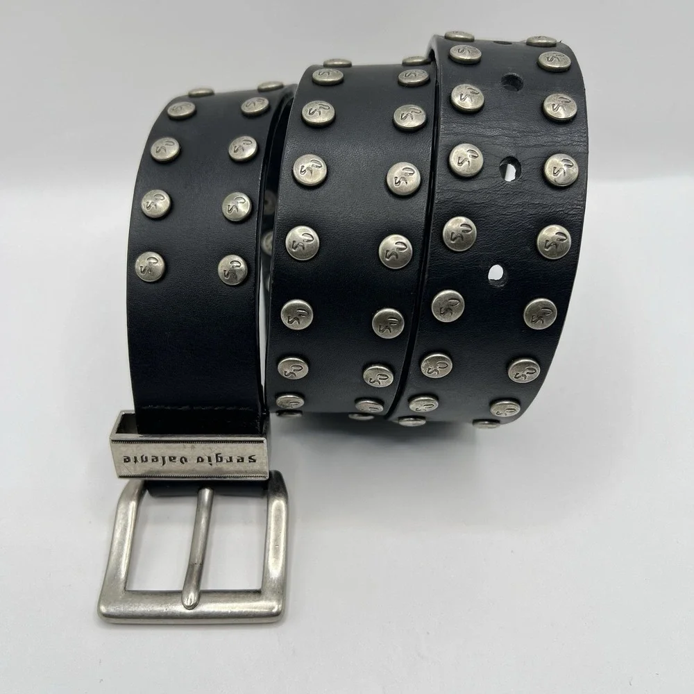 Y2K Sergio Valente Studded Leather Belt Unisex M (29-33) Black Biker Western